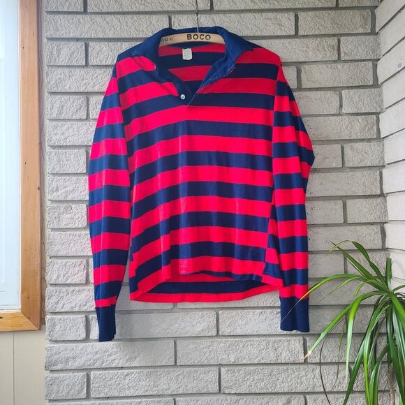 Vintage 70s/80s 'Unbranded' navy/red striped long-sleeve rugby shirt women's L - Picture 1 of 4